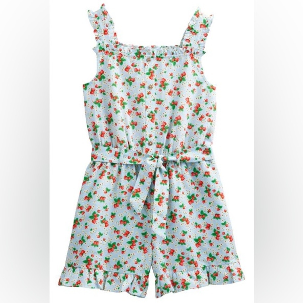 Boden Girls Kids Strawberries Blue Romper Linen Cotton‎ Blend Size 7-8 Years